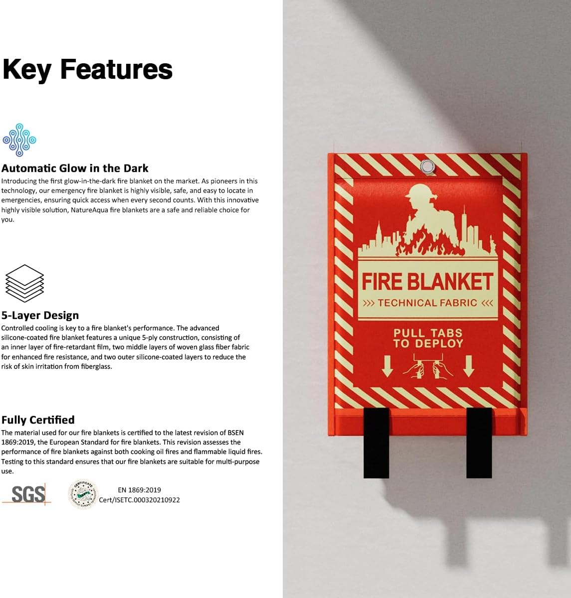 Glow-in-The-Dark Emergency Fire Blanket-3 ply Glass Fibre Fabric Construction, 2 Side Silicone Coated Fire Blanket, 40” x 40” Fiberglass Fire Blankets Emergency for Home and Kitchen, 2 Pack