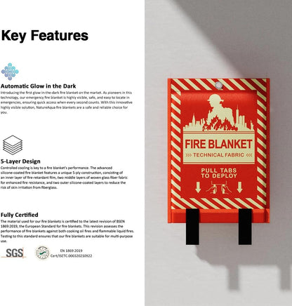 Glow-in-The-Dark Emergency Fire Blanket-3 ply Glass Fibre Fabric Construction, 2 Side Silicone Coated Fire Blanket, 40” x 40” Fiberglass Fire Blankets Emergency for Home and Kitchen, 2 Pack