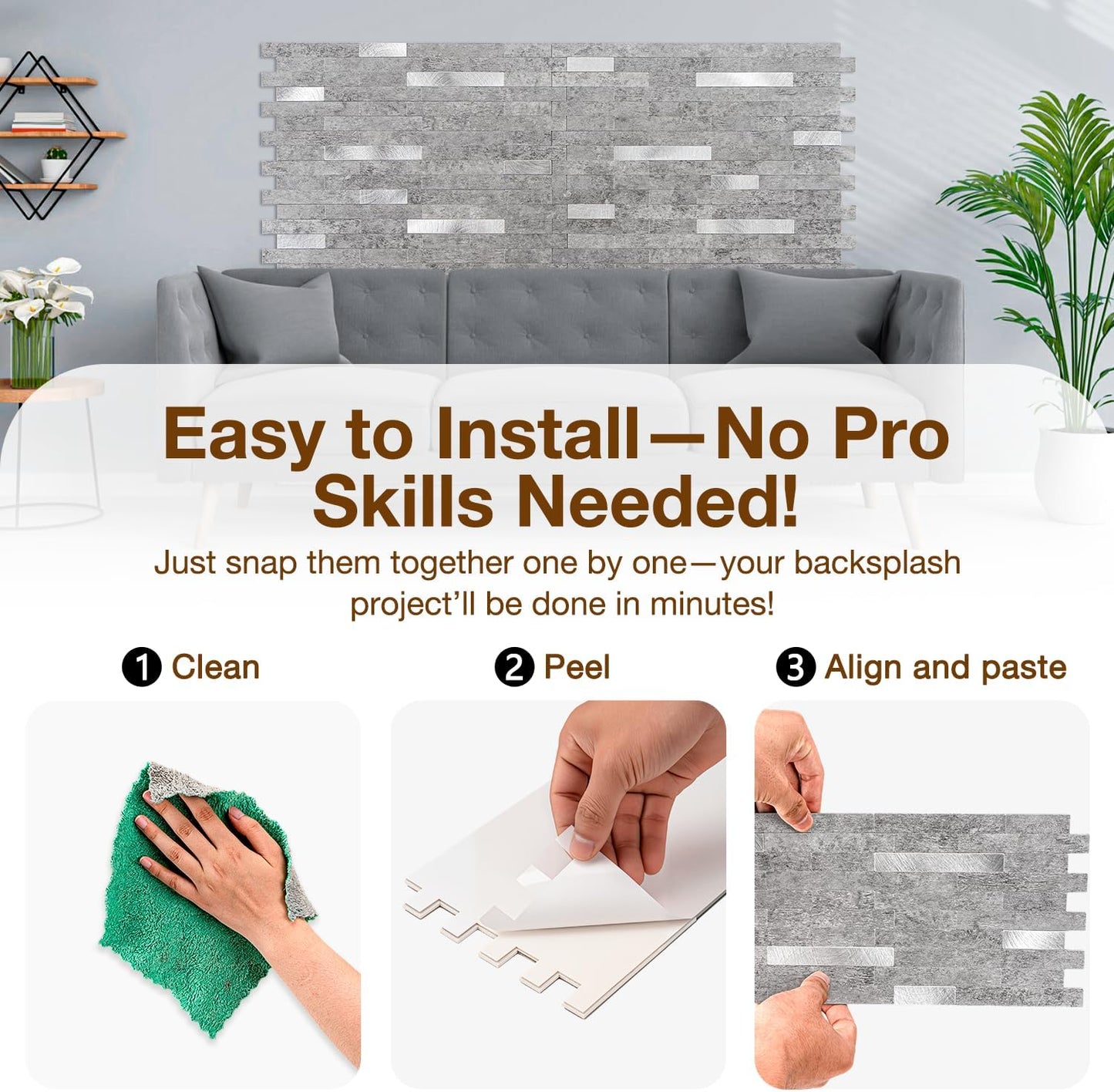 Peel and Stick Backsplash Tile Waterproof Removable PVC Wall Sticker 3D Faux Stone Marble Brick White Accent Panels (White Marble - Metal Silver, 20 Tiles - 9 sq. ft. (0.84 M²))
