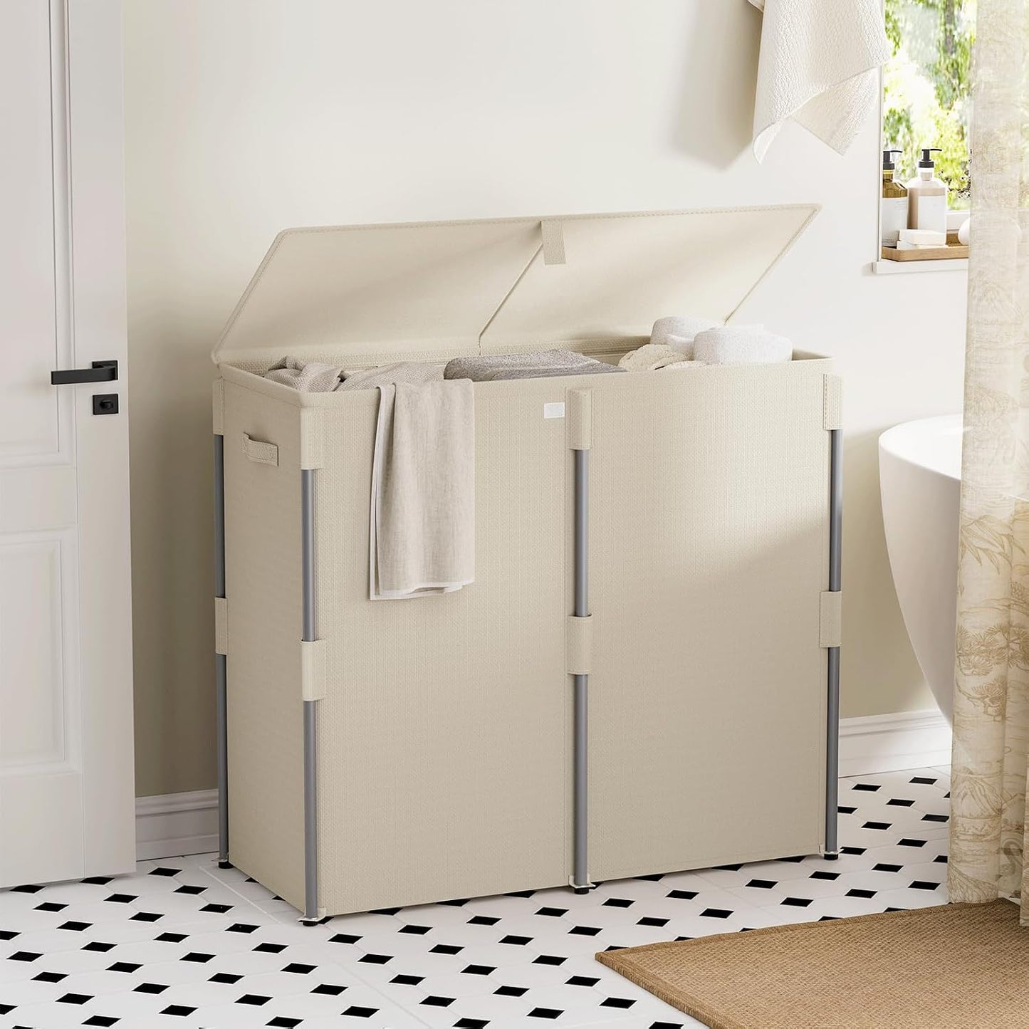 WOWLIVE 180L Laundry Hamper with Lid 3 Section, Large Laundry Basket with Removable Bags, Heavy Duty Metal Frame Dirty Clothes Hampers for Laundry, Laundry Basket Organizer for Laundry Room,Dorm,Black