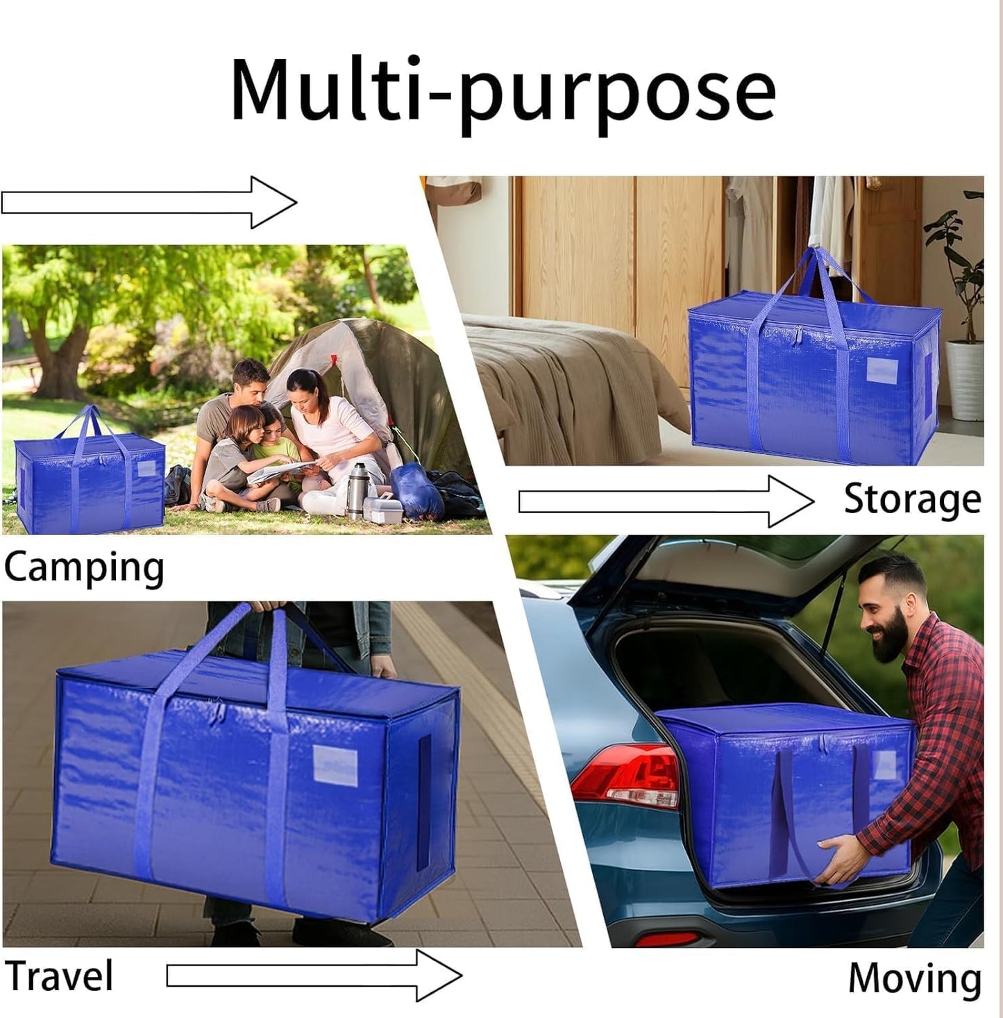 8 Pack-Extra Large Heavy Duty Moving Bags - Waterproof Storage Totes with Handles & Zippers, Foldable for College Dorm, Storage (Clear)