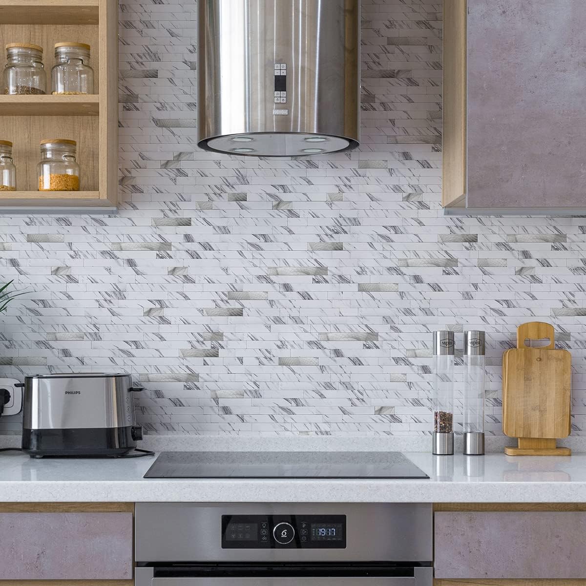 Art3d 10-Sheet Peel and Stick Backsplash Tile for Kitchen Bathroom Fireplace Laundry Room in White Slate with Gold Studded