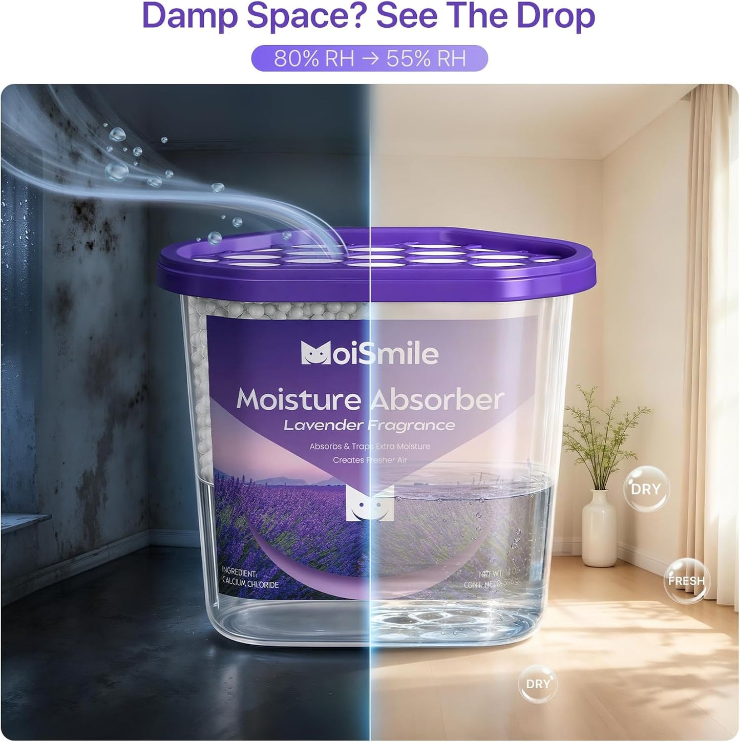 Moisture Absorbers with Activated Charcoal, Humidity Control & Air Deodorizing Preparations for Closet, Bathroom, Basement, Car & RV, 3 Pack