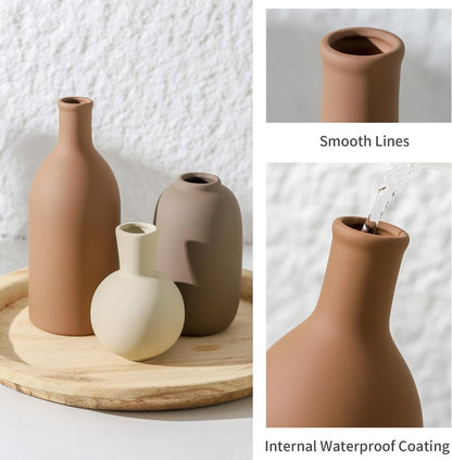 Ceramic Vase Set of 3, Decorative Vases Home Decor Modern Neutral Flower Pampass Boho Vase for Living Room, Table, Mantel, Entryway, Bookshelf, Kitchen, Bedroom, Bathroom - White
