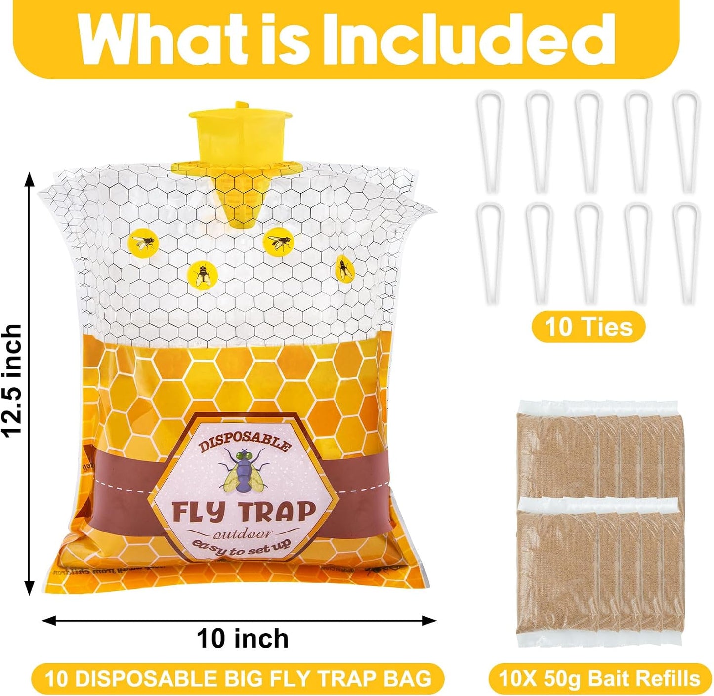 6 Pack Big Fly Traps Outdoor Hanging for Patio, Flies Bags Outdoor Disposable with 50g Bait, Bug Fly Hunter Catcher Killer Control for Barn Horse Ranch Chicken Coop