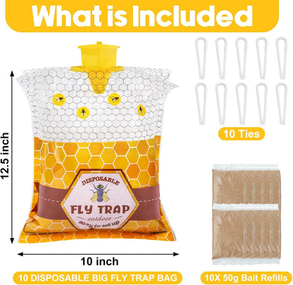 6 Pack Big Fly Traps Outdoor Hanging for Patio, Flies Bags Outdoor Disposable with 50g Bait, Bug Fly Hunter Catcher Killer Control for Barn Horse Ranch Chicken Coop