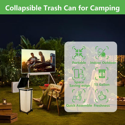 Collapsible13 Gallon Trash Bag Holder Height Adjustable (3 levels) Portable Trash Bag Holder with Lid, Stand with 4-Wheels Plastic Outdoor Trash Can Suitable Kitchen Garbage Can for Outside Indoor