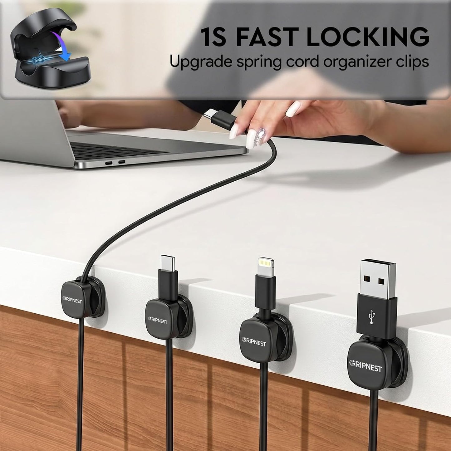 Never-Lose 1s Lock Spring Cable Solution – Rotatable Cable Clips, Strong Adhesive Cord Organizer & Wire Holder for Desk, Car & Nightstand, Secure Cable Management, 8 Pack (Black)