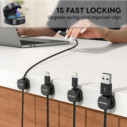 Never-Lose 1s Lock Spring Cable Solution – Rotatable Cable Clips, Strong Adhesive Cord Organizer & Wire Holder for Desk, Car & Nightstand, Secure Cable Management, 8 Pack (Black)