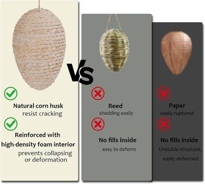 Brownlily Woven Corn Husk Wasp Nest - Sturdy Foam Core Holds Shape, Waterproof Hanging Hornet Deterrent for Patio, Garden, Porch - Rope Woven