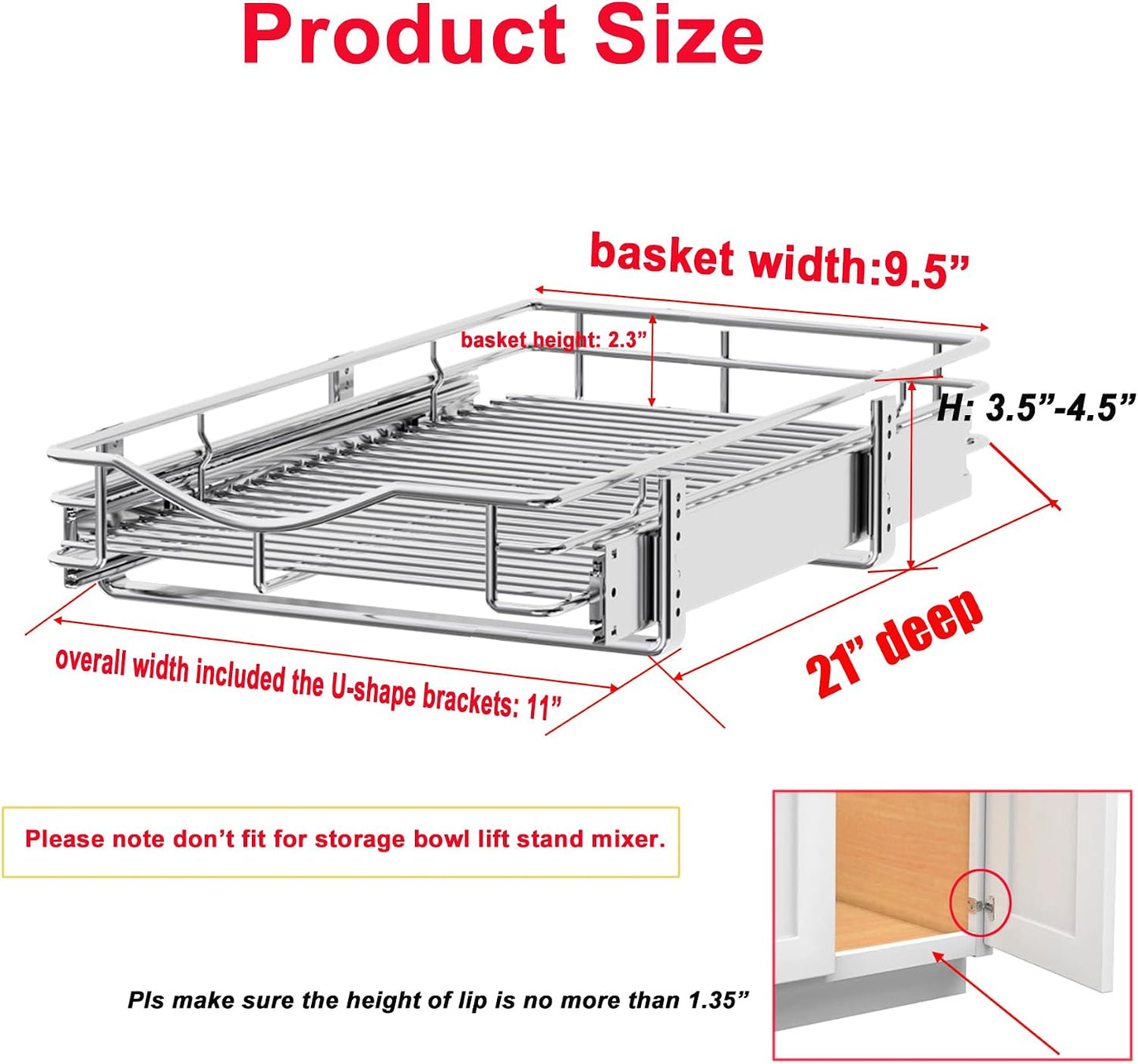 DINDON Pull Out Cabinet Organizer, (17" W x 21" D) Heavy-Duty Metal Sliding Drawer Shelf, Bathroom Under Sink Kitchen Cabinets Organizer and Storage Slide Out Shelves, Chrome, 1 Tier, 2 Pack