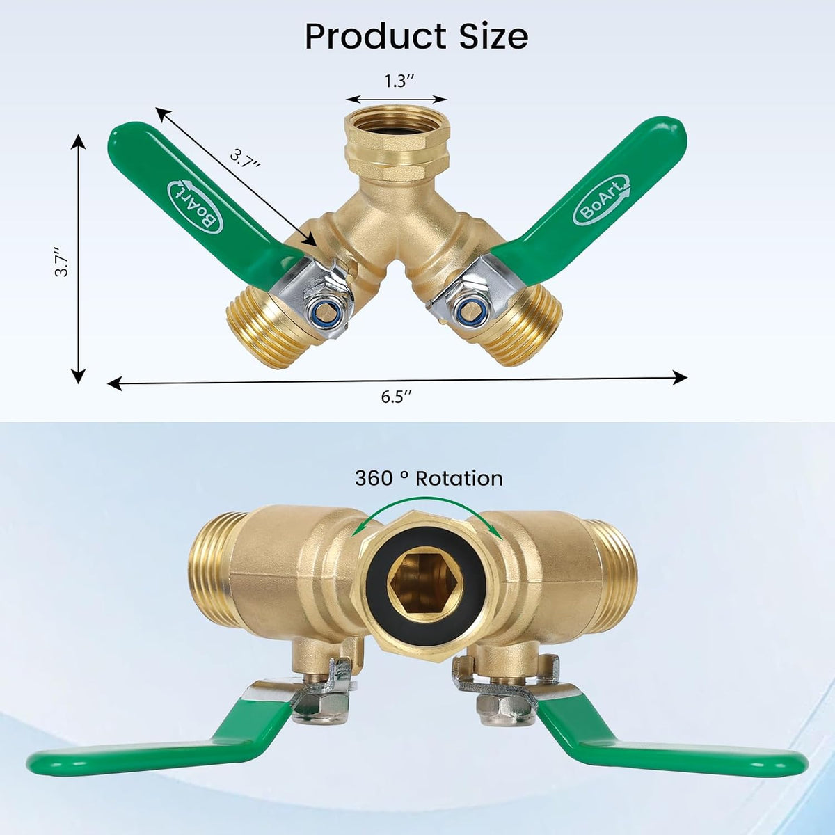 BoArt Brass Garden Hose Splitter 2 Way Heavy Duty, Y Valve Hose Splitter With Stainless Steel Long Handle, 3/4" GHT Thread Y Valve Water Garden Hose Tap Adapter
