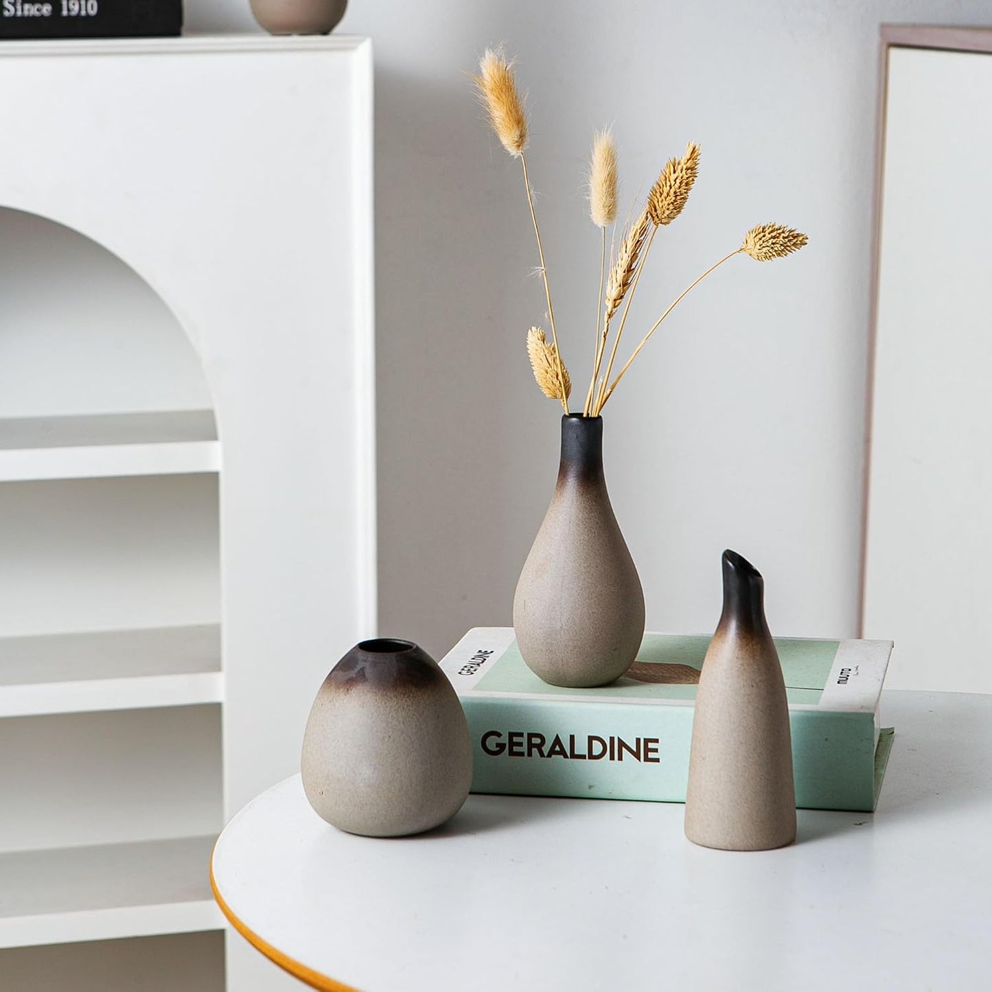 Tanvecle Small White Vases, Ceramic Bud Vase Set of 5, Mini Pottery Vases for Pampas Grass, Flowers, Decorative Vases for Home Modern Decor, Rustic Decor, Veses for Living Room Dining Table Shelves