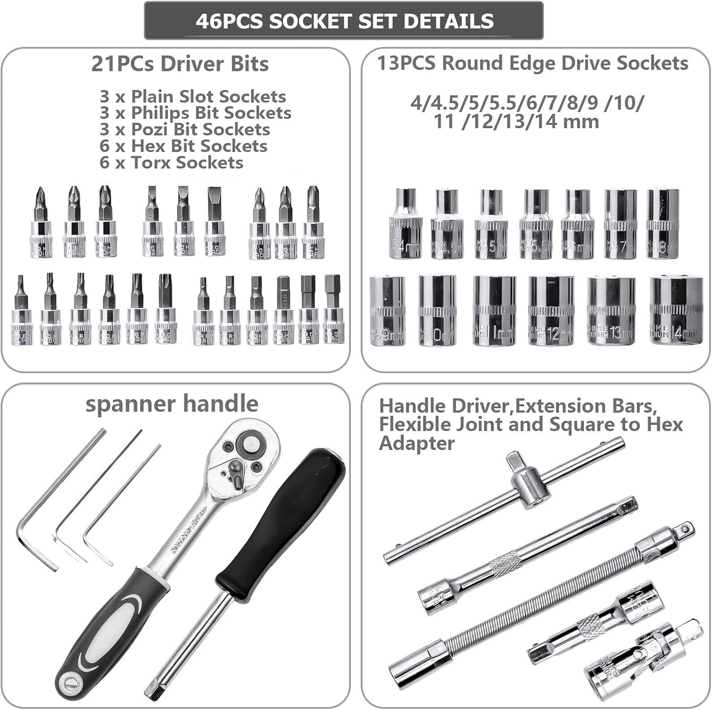 46PCS 1/4 inch Drive Socket Set,Metric Ratchet Wrench Set with 4-14mm CR-V Sockets,S2 Bits,Extension Bars,Mechanic Tool Kits for Household Auto Repair