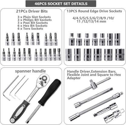 46PCS 1/4 inch Drive Socket Set,Metric Ratchet Wrench Set with 4-14mm CR-V Sockets,S2 Bits,Extension Bars,Mechanic Tool Kits for Household Auto Repair