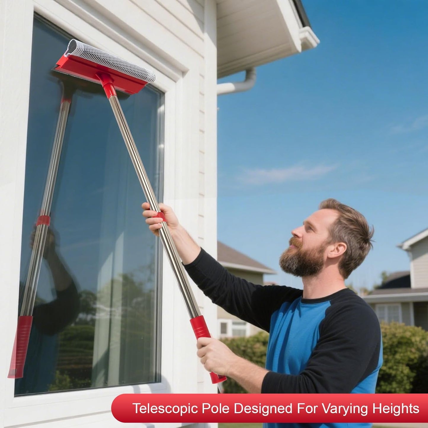 Professional Standard Window Squeegee,2-in-1 Window Cleaner Sponge and Soft Rubber Strip with Retractable Stainless Steel Handle(15.3"-23.6") for Gas Station, Glass,Shower,Outdoor Window Cleaning