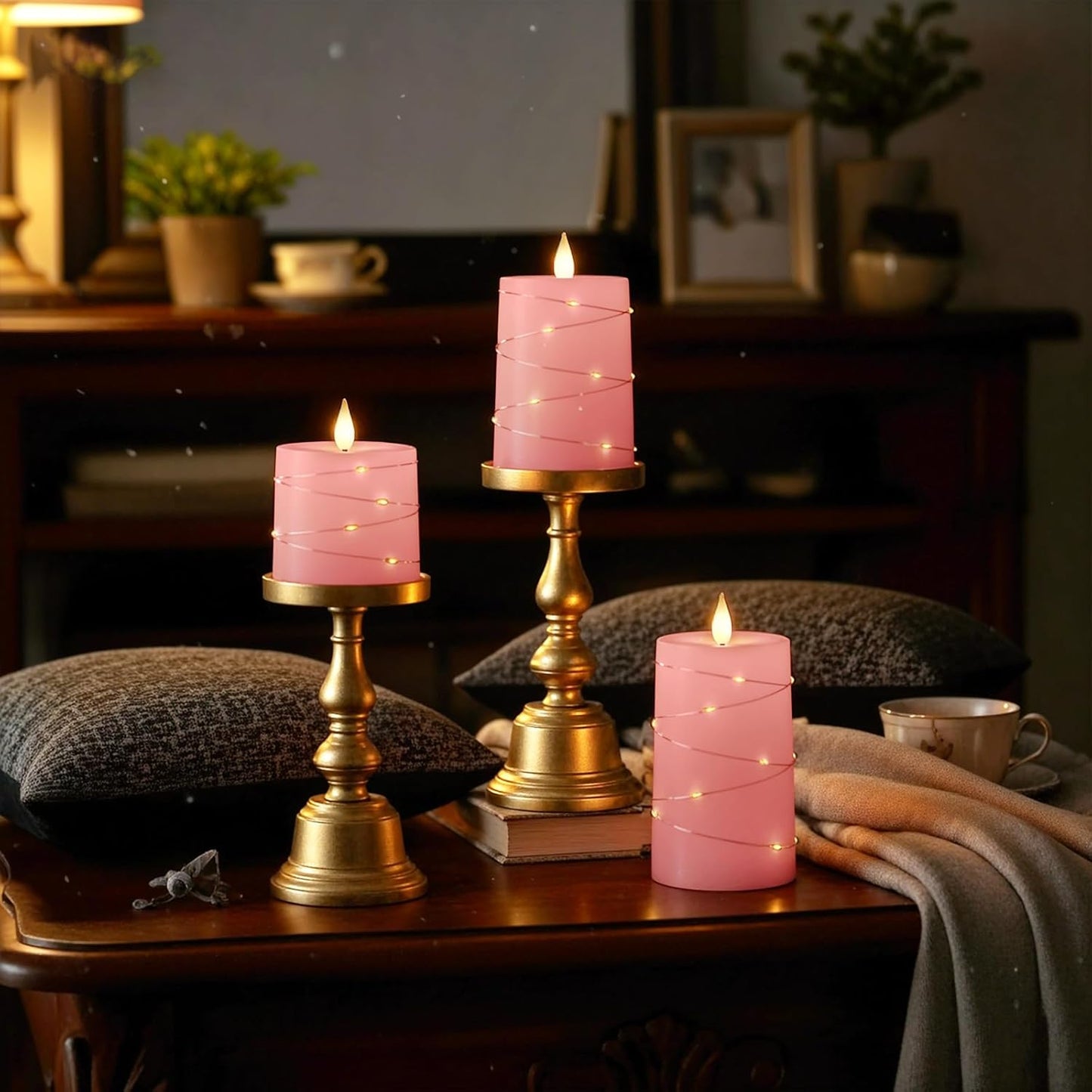 Raycare Flameless Candles with Remote Timer, Flickering Battery Operated LED Pillar Fake Candle with String Lights for Home Decor, Christmas, Wedding and Gift, White, Set of 3