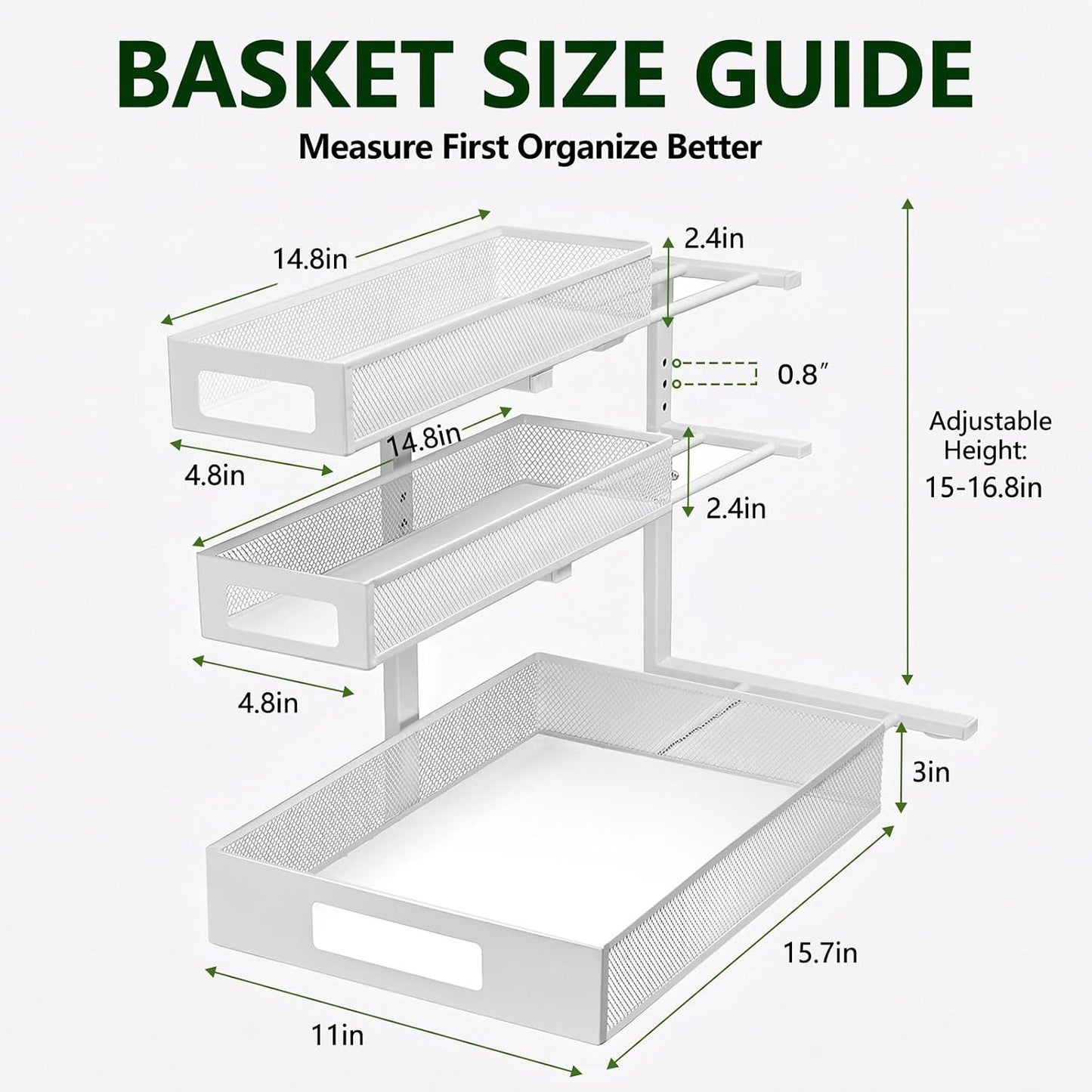 3 Tier Under Sink Organizer,2 Pack Pull Out Cabinet Shelves with Adjustable Height,Heavy Duty Carbon Steel L-Shaped Storage for Kitchen Bathroom Sink,Pantry & Laundry,White