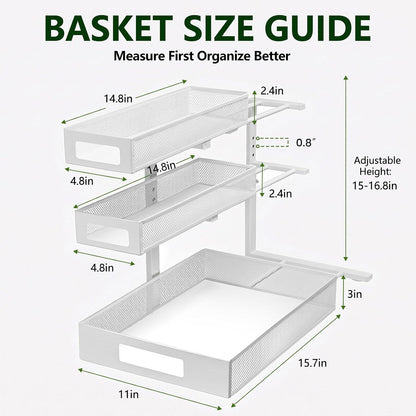 3 Tier Under Sink Organizer,2 Pack Pull Out Cabinet Shelves with Adjustable Height,Heavy Duty Carbon Steel L-Shaped Storage for Kitchen Bathroom Sink,Pantry & Laundry,White
