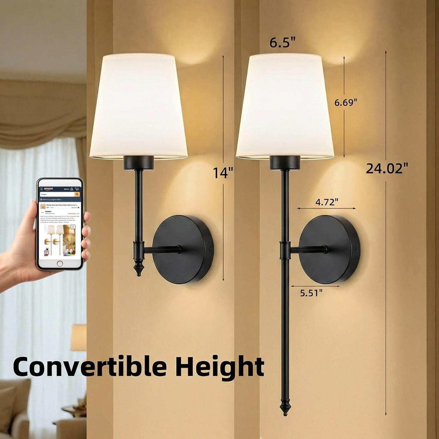 IRONPAX Wall Sconces Battery Operated Set of 2, Wireless Rechargeable Wall Sconce Set of Two, Dimmable Wall Lights with Remote for Bedroom Living Room Hallway Decor (Gold, Fabric Shade)