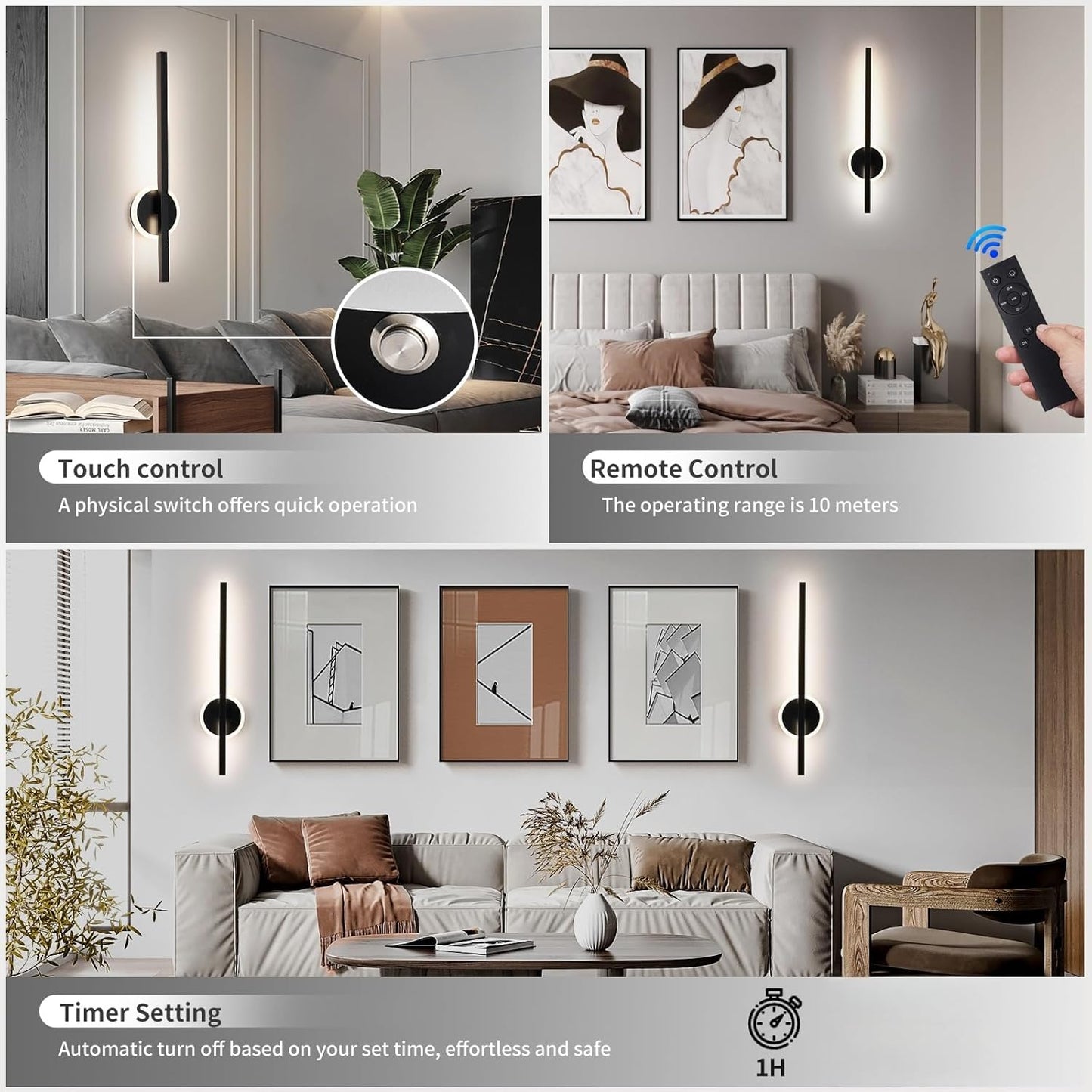 24 Inch Battery Operated Wall Sconce Set of 2, Dimmable Battery Sconces with Remote Control, 8000 mAh Rechargeable Sconces, 350° Rotate Modern LED Lights for Bedroom, Living Room, Black Gold
