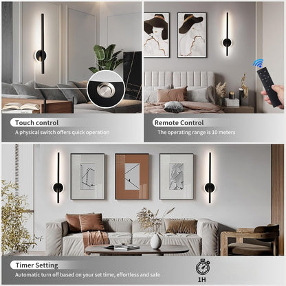 24 Inch Battery Operated Wall Sconce Set of 2, Dimmable Battery Sconces with Remote Control, 8000 mAh Rechargeable Sconces, 350° Rotate Modern LED Lights for Bedroom, Living Room, Black Gold