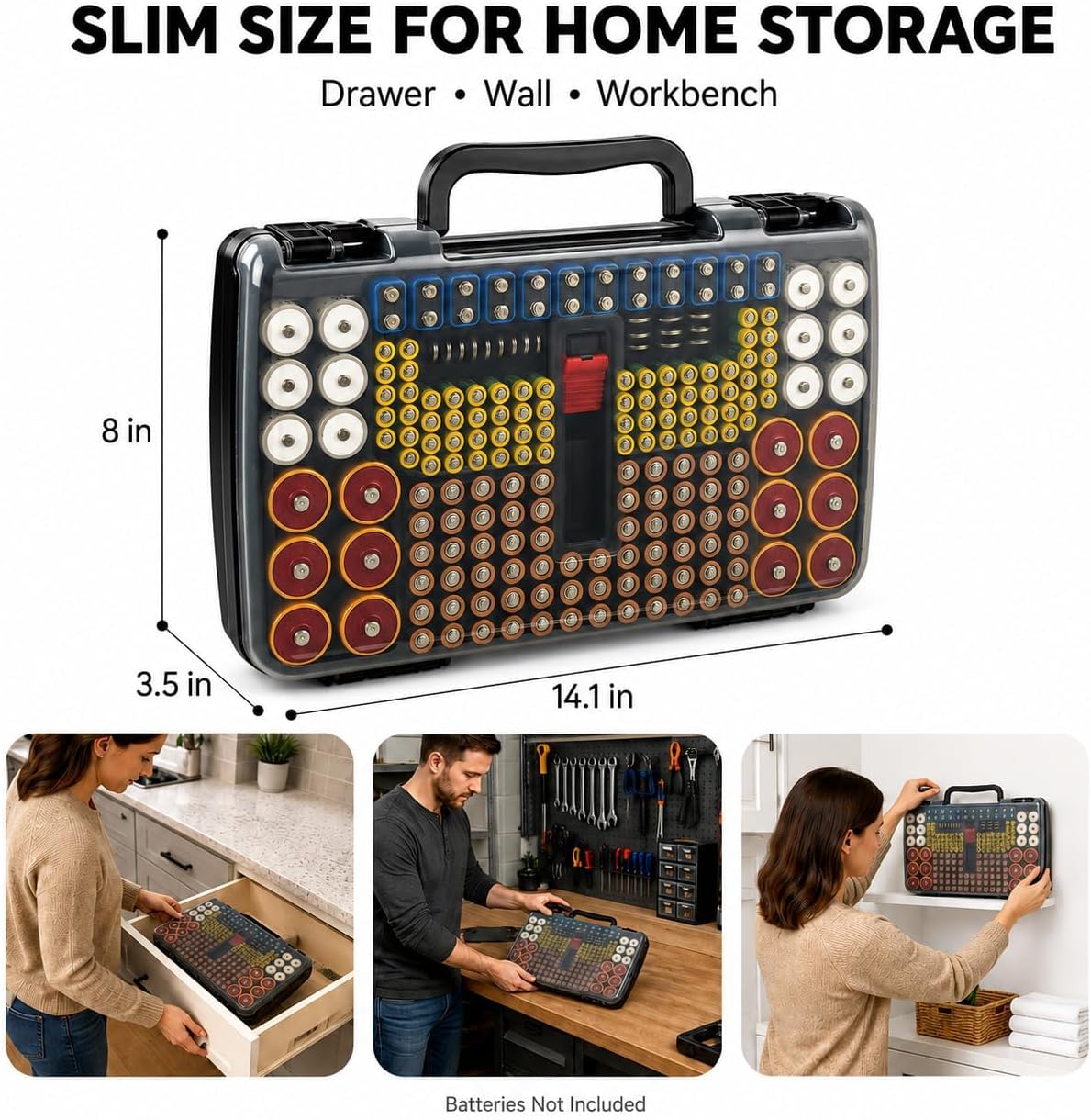Battery Organizer Storage Case with Tester for 269 Batteries, Double Sides | Plastic, For AA AAA 4A C D Cell 9V 3V LR44 CR2 CR123 CR1632 18650 Button, Wall/Drawer, For Families/DIY/Home/Garage, Grey