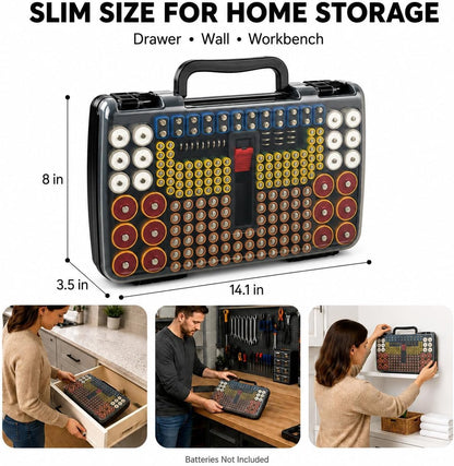 Battery Organizer Storage Case with Tester for 269 Batteries, Double Sides | Plastic, For AA AAA 4A C D Cell 9V 3V LR44 CR2 CR123 CR1632 18650 Button, Wall/Drawer, For Families/DIY/Home/Garage, Grey