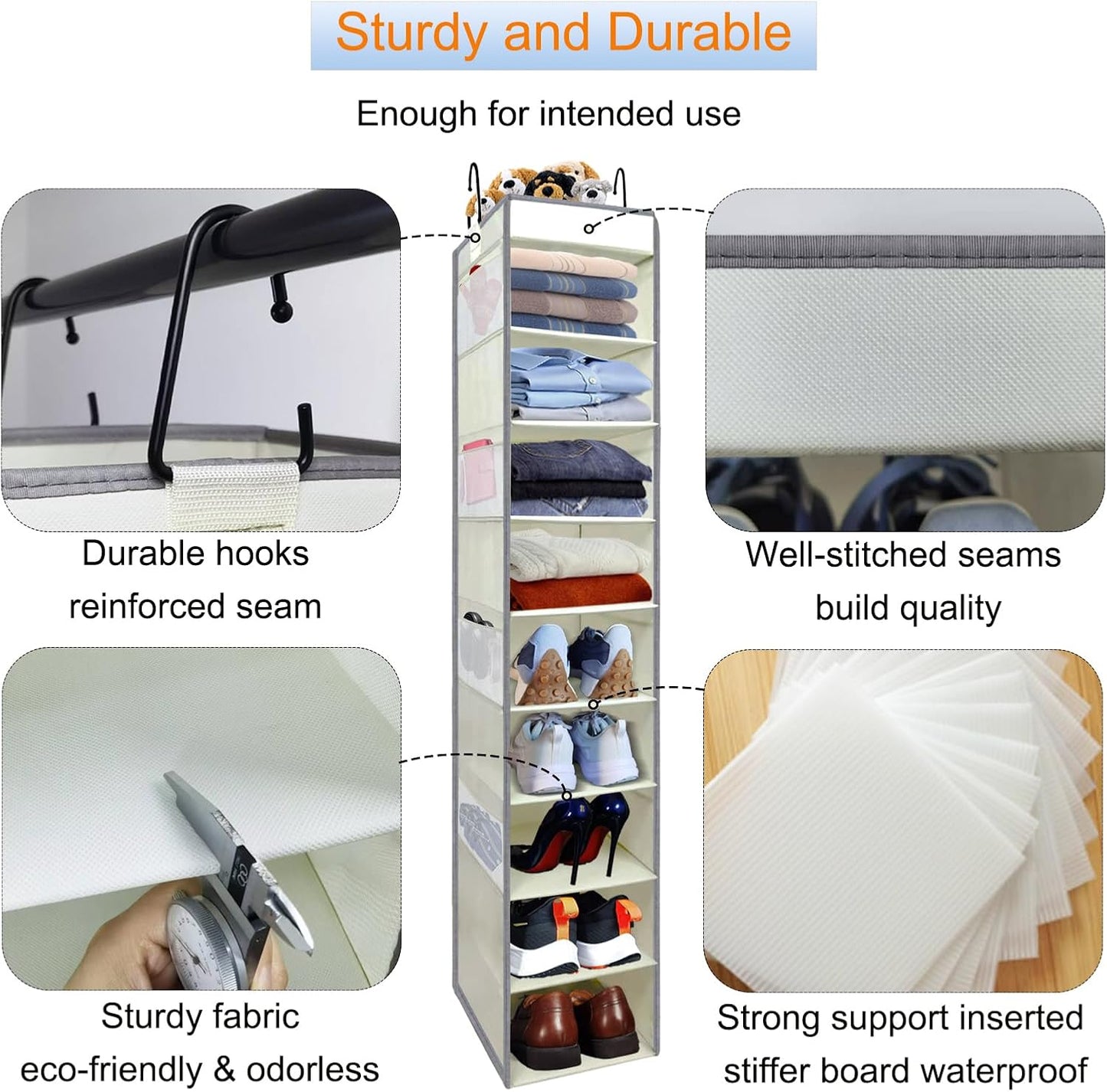 Large-Sized Hanging Shoe Organizer 10-Shelf, Sturdy Hanging Closet Organizer with 8 Side Pockets, Wider Hanging Shelves for Storage Shoes Clothes Jeans Shirts Toys, Black