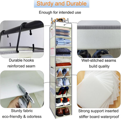 Large-Sized Hanging Shoe Organizer 10-Shelf, Sturdy Hanging Closet Organizer with 8 Side Pockets, Wider Hanging Shelves for Storage Shoes Clothes Jeans Shirts Toys, Black