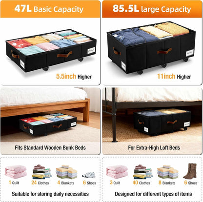 Under Bed Storage with Wheels,Underbed Storage with Sturdy Sidewalls/Bottom, Clear Cover, Label and PU Handle, Rolling Under Bed Drawers for Clothes, Shoes, 6.5 Inch Height,Black, 2 Pack