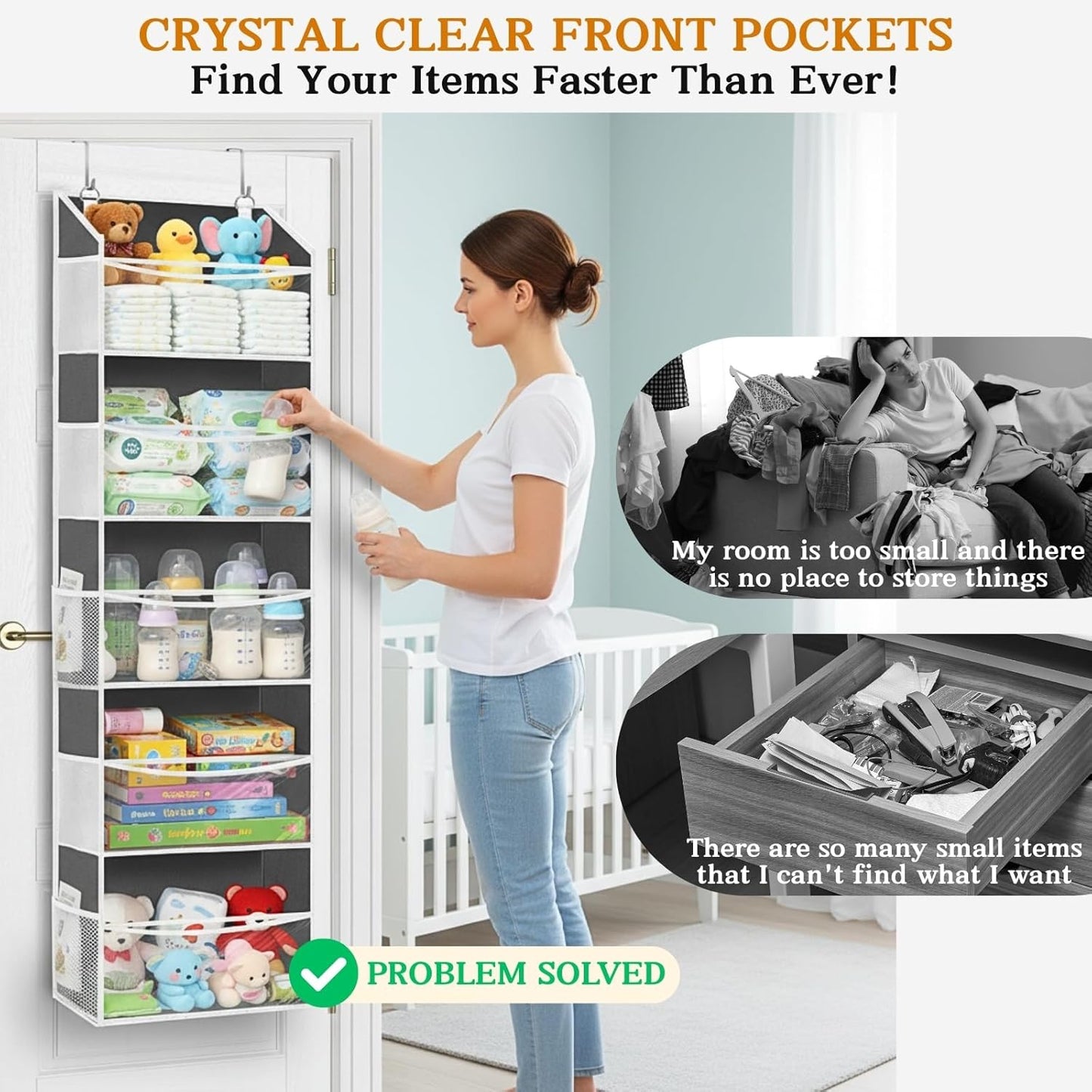 Over The Door Organizer, 5-Tier Extra Large Behind Door Storage with 10 Big Front & 10 Mesh Pockets, 80lb Capacity, Hanging Storage Organizer with Clear Window Kids Toys, Shoes, Diapers, Light Grey