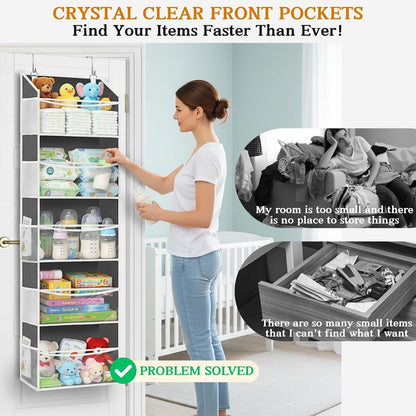 Over The Door Organizer, 5-Tier Extra Large Behind Door Storage with 10 Big Front & 10 Mesh Pockets, 80lb Capacity, Hanging Storage Organizer with Clear Window Kids Toys, Shoes, Diapers, Light Grey