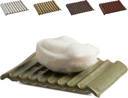 Self Draining Soap Dish, Ceramic Drain Soap Holder Waterfall Design Soap Saver for Shower, Bathroom, Sink, Kitchen and Countertop, Keeps Dry, Green