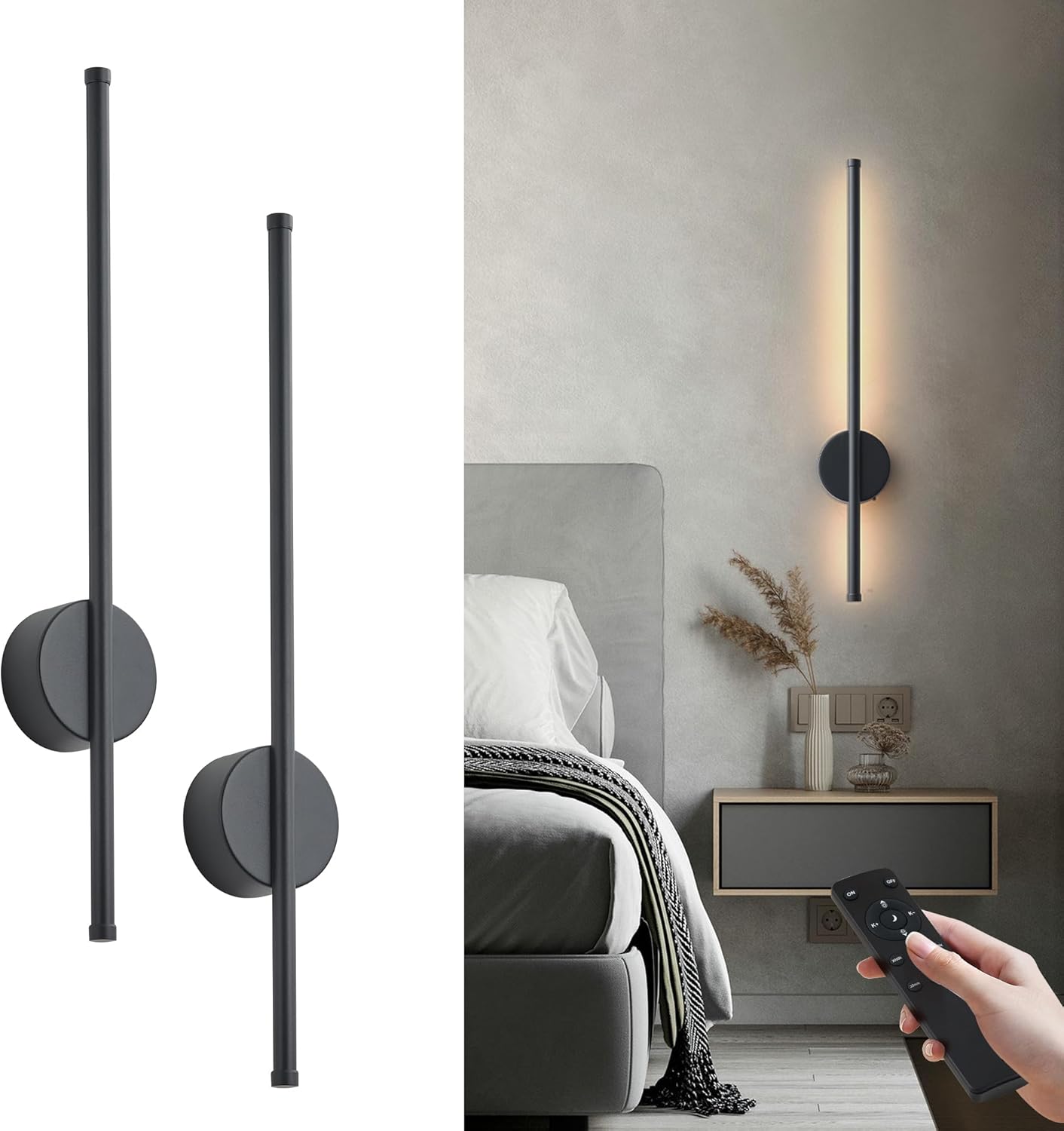 Battery Operated Modern Wall Sconces, Dimmable Wireless Wall Light Set of Two with Remote Control, 3 Color Temperatures, Rechargeable LED Wall Sconce for Bedroom, Living Room, Hallway, 23.6 Inch Brass