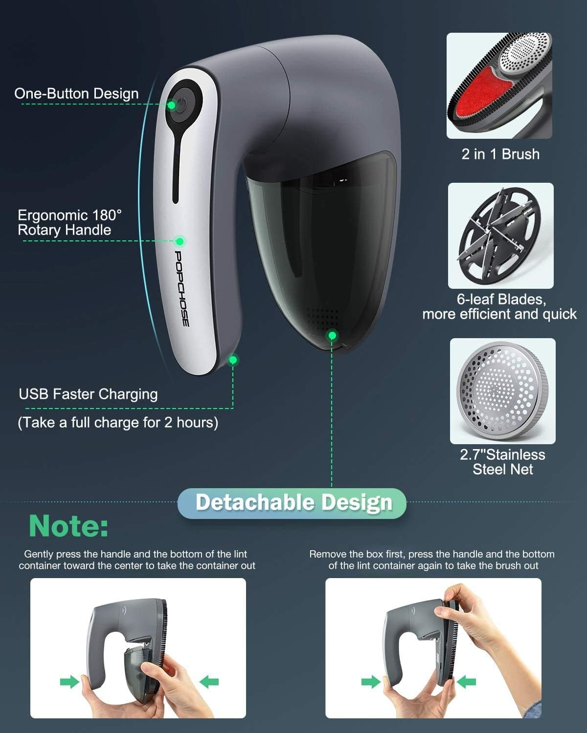 POPCHOSE Fabric Shaver, Lint Remover for Clothes, Lint Shaver with 6-Leaf Blades & 2 Speed, 2000mAh Rechargeable, Sweater Shavers to Remove Pilling, Electric Lint Remover for Couch, Furniture, Fuzz