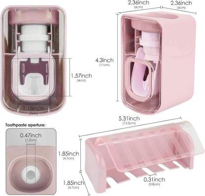 5 Slots Wall Mount Toothbrush Holder with Cover, Self Adhesive Toothbrush Storage Organizer for Shower, Toothbrush Hanger with Automatic Toothpaste Squeezer Dispenser