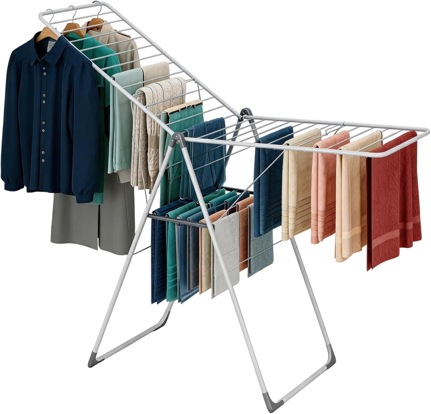 APEXCHASER Clothes Drying Rack, Foldable Drying Rack Clothing, Sturdy Metal Laundry Drying Rack, Height-Adjustable Gullwing, Easy to Fold, Space-Saving, for Indoor Outdoor, White