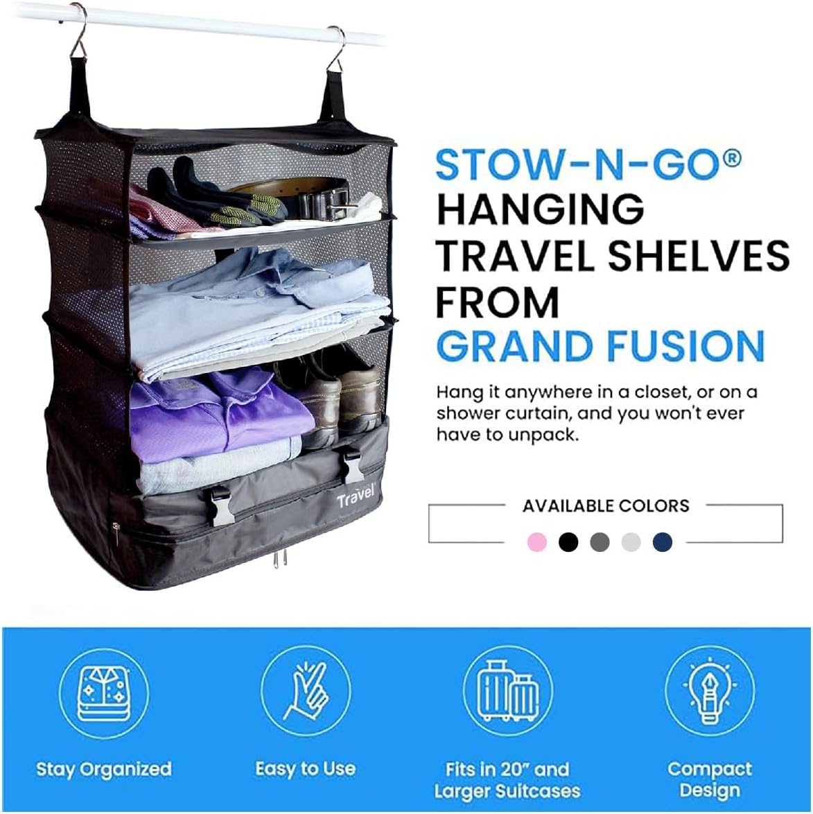 Grand Fusion Stow-N-Go Hanging Travel Shelves, Packing Organizer for Luggage. Carry on Closet for Suitcase. Expandable Packing Cube. Travel Essentials. (Black - L, L = (L) 11.8" x (W) 11.8")