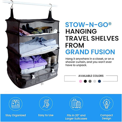 Grand Fusion Stow-N-Go Hanging Travel Shelves, Packing Organizer for Luggage. Carry on Closet for Suitcase. Expandable Packing Cube. Travel Essentials. (Black - L, L = (L) 11.8" x (W) 11.8")