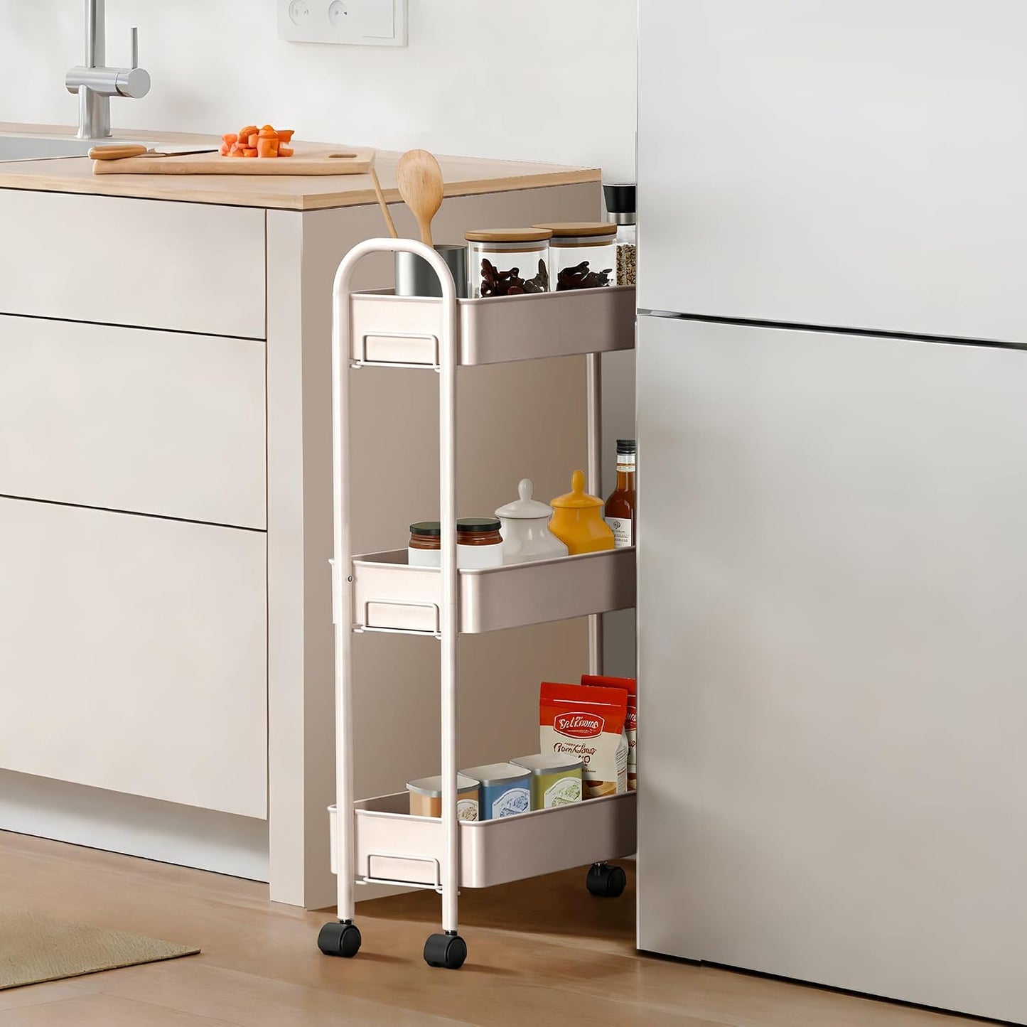 Slim Rolling Cart, Metal Frame Utility Rolling 3-Tier Narrow Storage Cart with Handle Kitchen Storage Organizer, Mobile Shelving Unit for Bathroom Kitchen