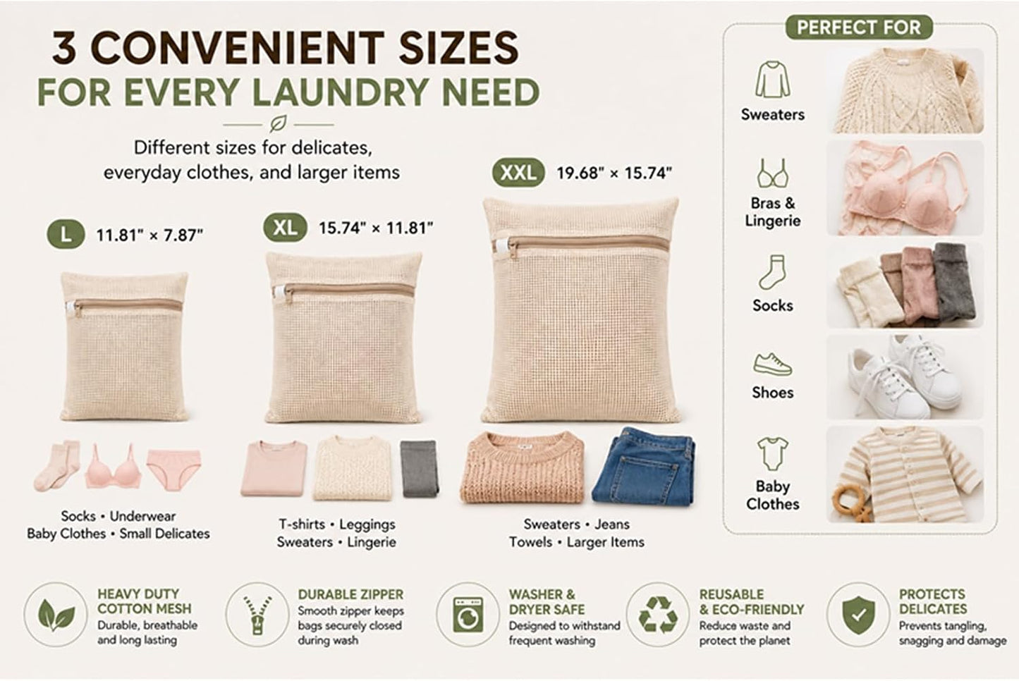 6-Pack Laundry Bags, Durable Cotton Mesh with Sturdy Zipper, Breathable Mesh Fabric, Ideal for Washing Underwear, Pants, Shoes, Socks and Delicate Garments