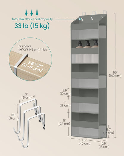 SONGMICS Over-the-Door Organizer, 5-Tier Door Hanging Storage Shelf, Heavy-Duty Closet Hanging Organizer Foldable, Transparent, Pockets, Metal Hooks, Ink Black URDH010BH01