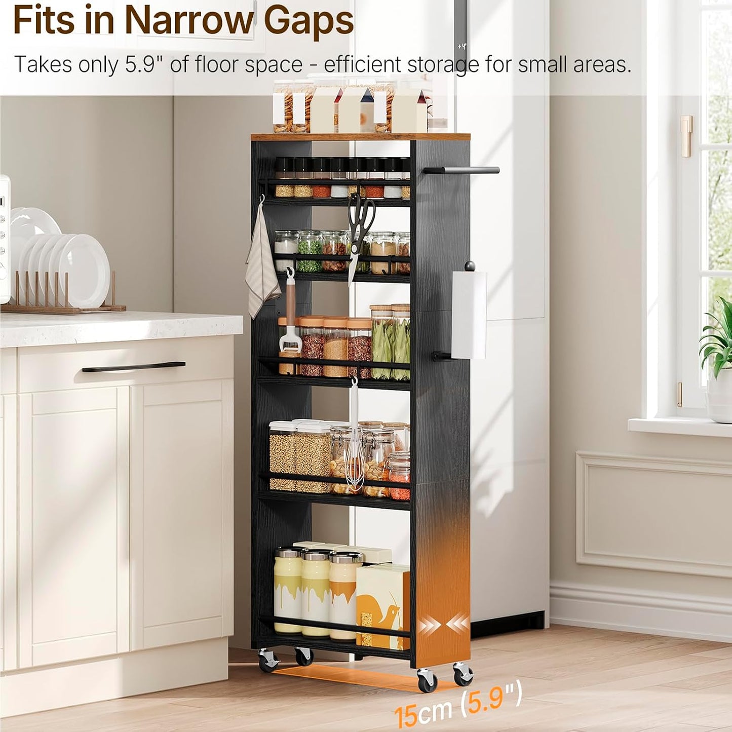 YATINEY 6 Tier Slim Storage Cart, Rolling Utility Cart with 360° Lockable Casters, Handle and 6 Hooks, Space Saving Organizer for Kitchen, Bathroom, Laundry Room, White BC11WN