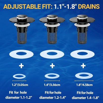 2PCS Bathroom Sink Stopper Strainer, Pop-Up Bathroom Sink Drain Strainer with Removable Stainless Steel Hair Catcher Basket, Universal Fit for US Bathroom Sinks, Bathtubs, Showers & Floor Drains