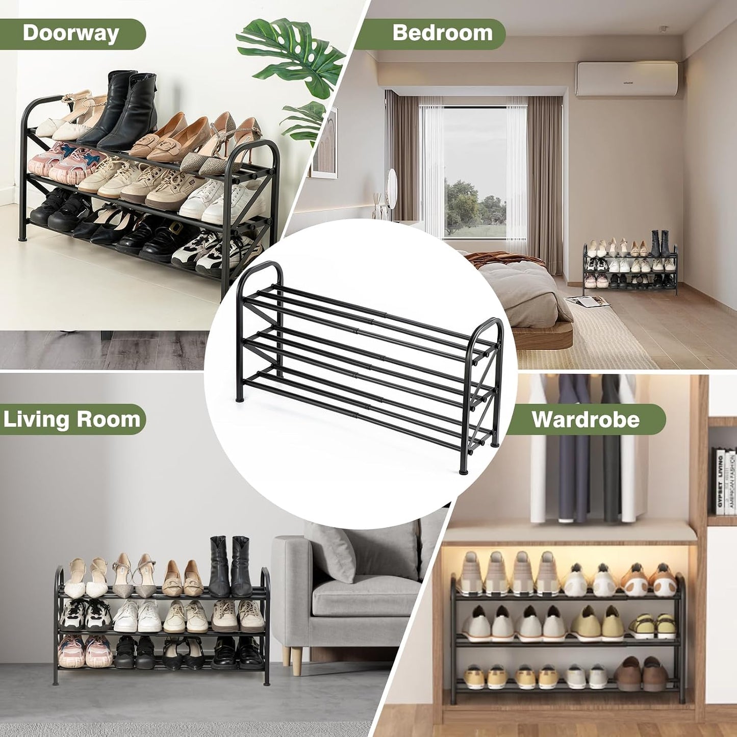4-Tier Expandable Shoe Rack, Stackable and Adjustable Shoes Organizer Storage Shelf, Sturdy and Durable Metal Structure Free Standing Shoe Rack for Closet Entryway Doorway