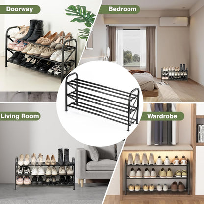 4-Tier Expandable Shoe Rack, Stackable and Adjustable Shoes Organizer Storage Shelf, Sturdy and Durable Metal Structure Free Standing Shoe Rack for Closet Entryway Doorway