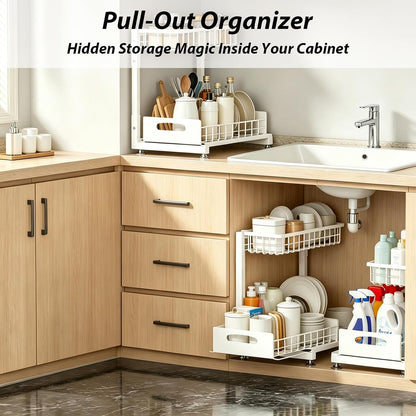 2 Pack Under Sink Organizer, 3-Tier Pull Out Kitchen Cabinet Organizer with 5 Adjustable Heights Metal Slide Out Bathroom Storage Makeup Drawer Rack for Bedroom Office Pantry Home Organization, White