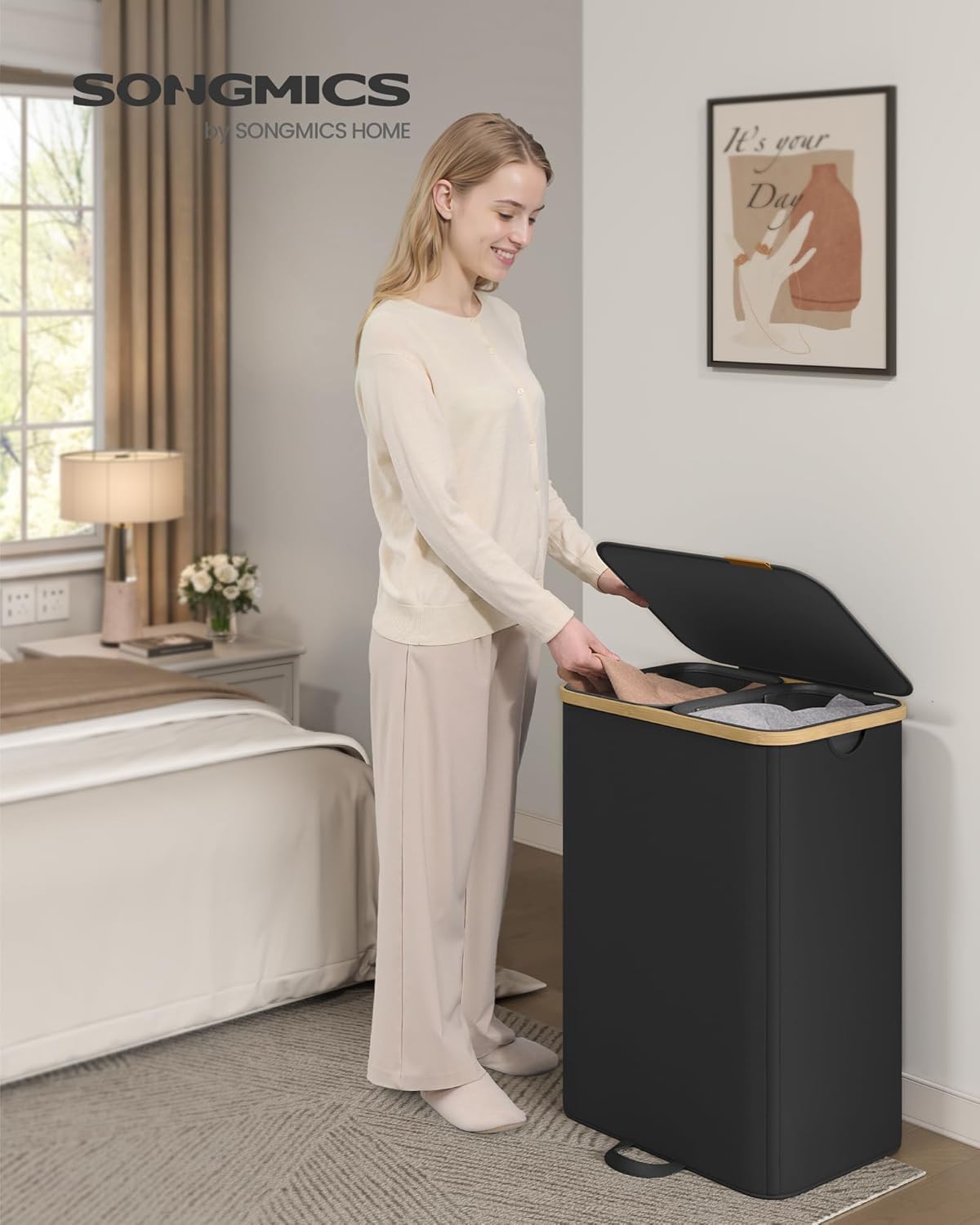 SONGMICS Laundry Hamper, Laundry Sorter with Lid, Storage Basket Bin, Removable Liners, Bamboo Frame, for Bedroom, 3 Sections, 44.9 Gal. (170 L), Ink Black ULCB533BH01