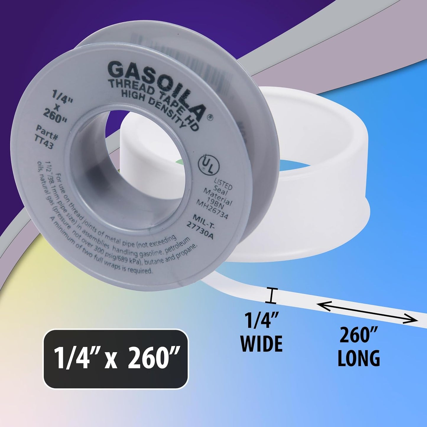 Gasoila PTFE Thread Seal Tape – Professional-Grade, 1/4 Inch x 260 Inch, High-Density Thread Tape for Plumbing, HVAC, Gas Lines, Water Pipes, and Air Compressors – Leak-Proof Seal, Non-Toxic